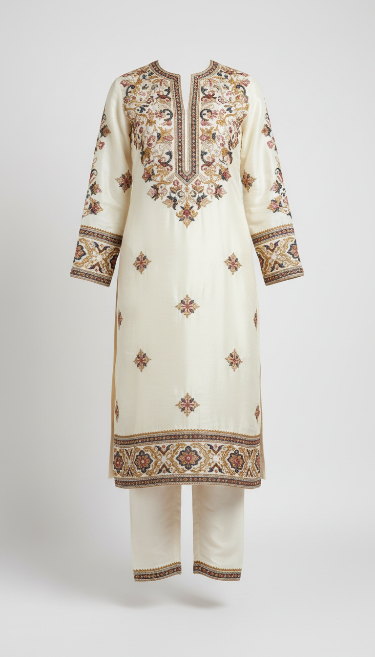 Ivory Silk Embroidered Shalwar Kameez