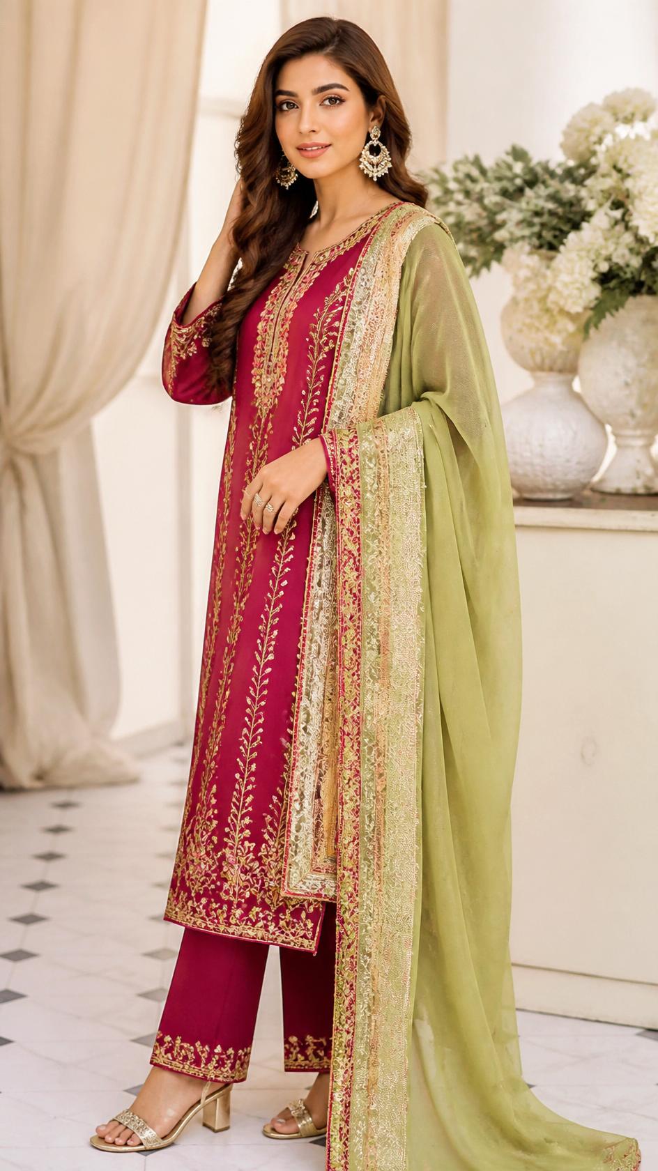Gota Work Chiffon Suit – Wine Red