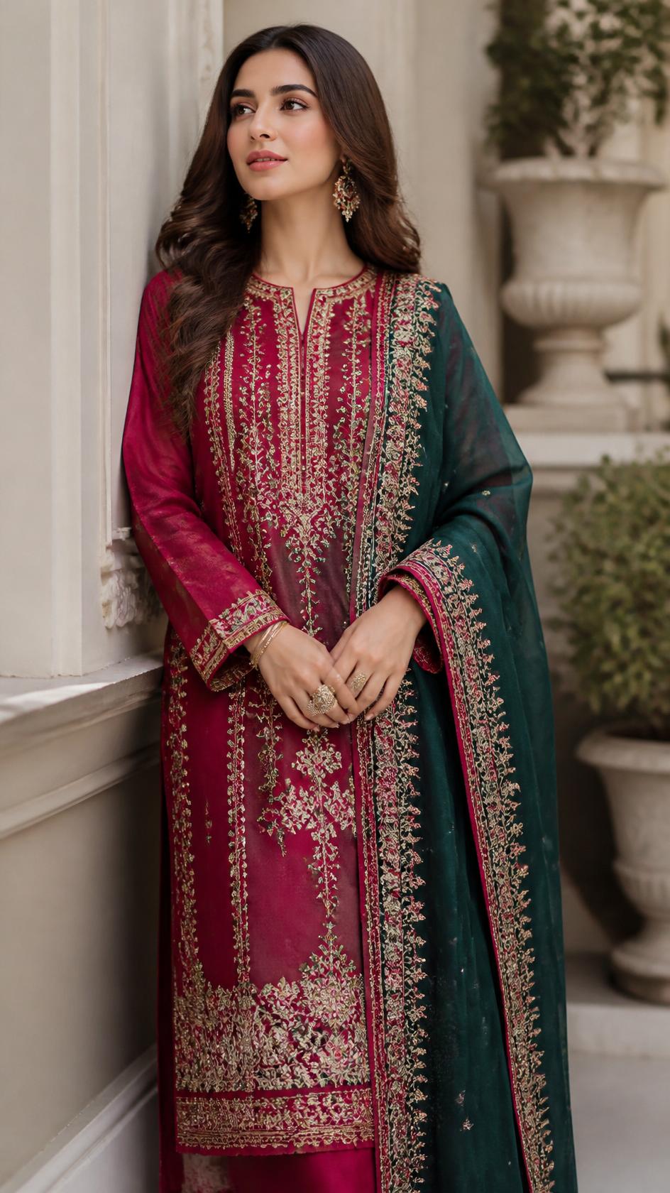 Zari Embroidered Suit – Emerald Green