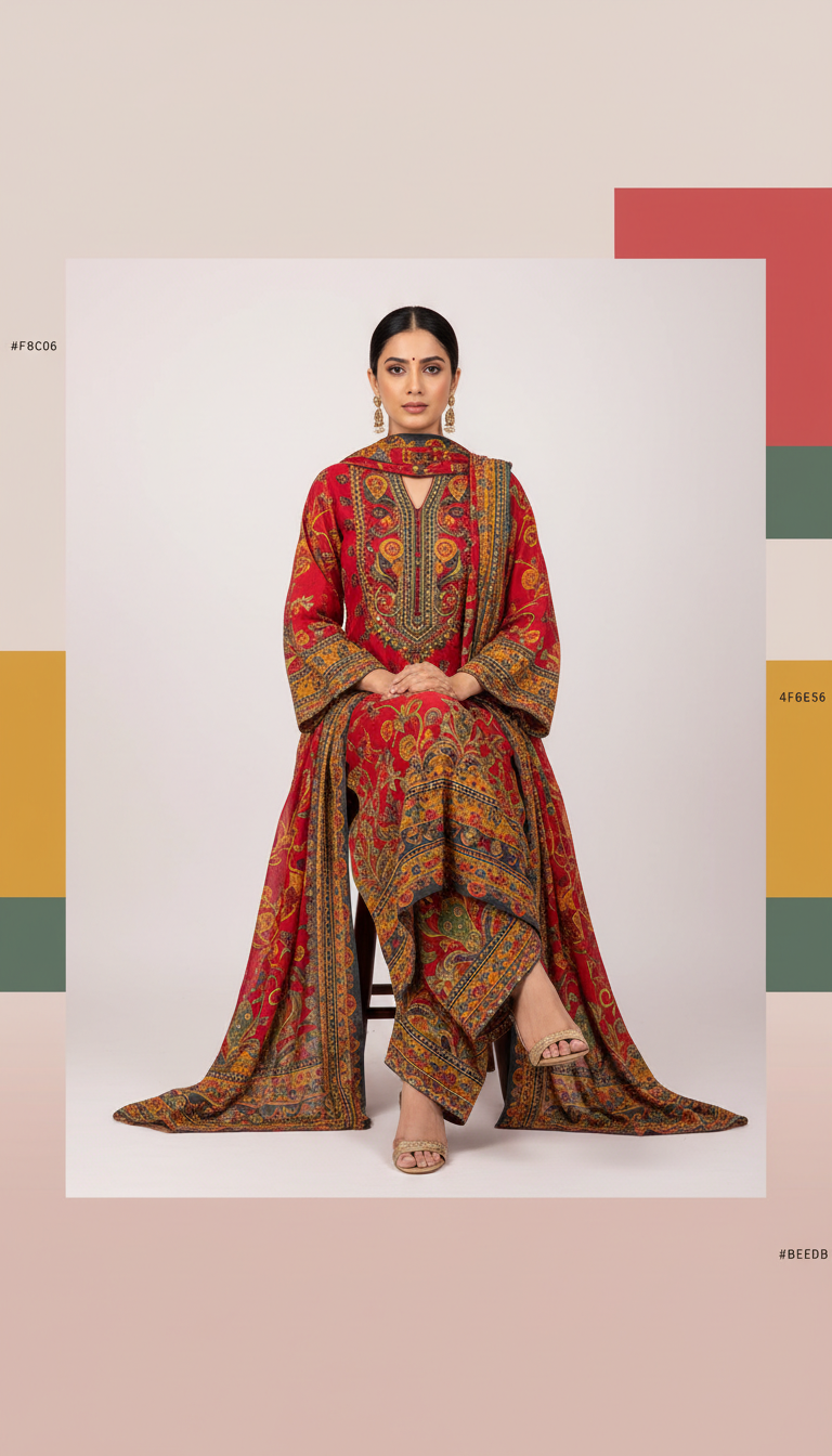Rangoli Red Digital Print Shalwar Kameez